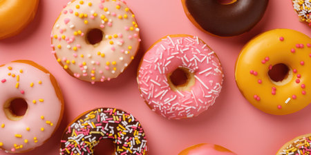 Top view of assorted donuts on blue concrete background with copy space. Colorful donuts background. Various glazed doughnuts with sprinklesの素材