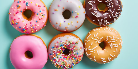 Top view of assorted donuts on blue concrete background with copy space. Colorful donuts background. Various glazed doughnuts with sprinklesの素材