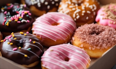 Colorful donuts on black background for copy spaceの素材