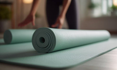 Photo for Yoga at home active lifestyle woman exercise mat in living room for morning meditation yoga banner background. - Royalty Free Image