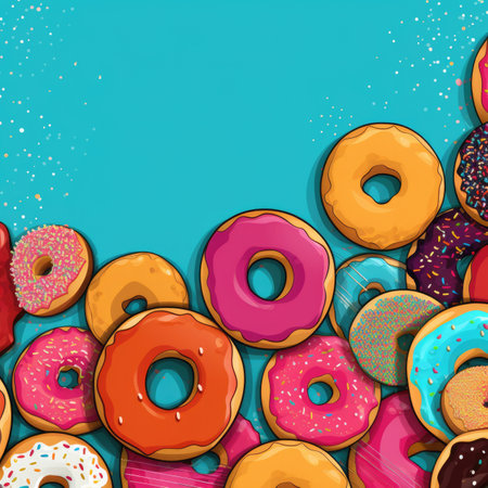 Top view of assorted donuts on blue concrete background with copy space. Colorful donuts background. Various glazed doughnuts with sprinklesの素材