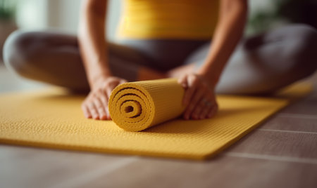 Yoga at home active lifestyle woman exercise mat in living room for morning meditation yoga banner background.の素材