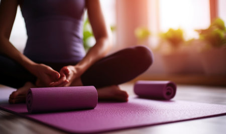 Yoga at home active lifestyle woman exercise mat in living room for morning meditation yoga banner background.の素材