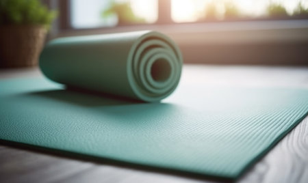 Yoga at home active lifestyle woman exercise mat in living room for morning meditation yoga banner background.の素材