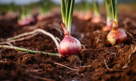 onion plantation in the vegetable garden agricultureの素材