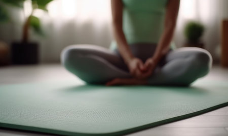 Yoga at home active lifestyle woman exercise mat in living room for morning meditation yoga banner background.の素材
