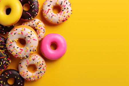 Top view of assorted donuts on blue concrete background with copy space. Colorful donuts background. Various glazed doughnuts with sprinklesの素材