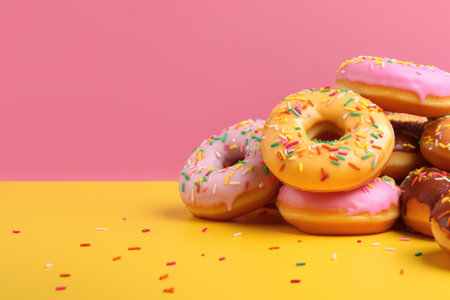 Top view of assorted donuts on blue concrete background with copy space. Colorful donuts background. Various glazed doughnuts with sprinklesの素材