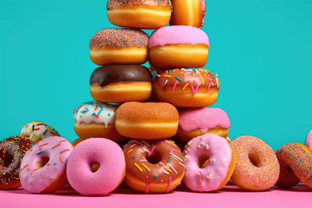 Top view of assorted donuts on blue concrete background with copy space. Colorful donuts background. Various glazed doughnuts with sprinklesの素材
