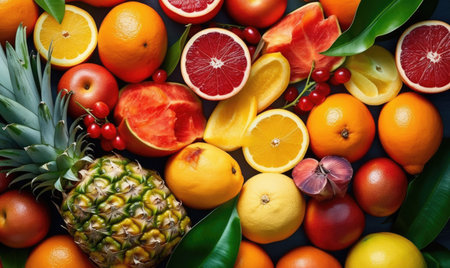 Ripe and tasty fruits and vegetables backgroundの素材