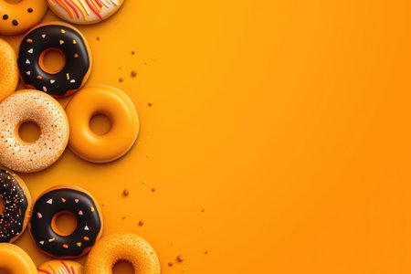 Top view of assorted donuts on blue concrete background with copy space. Colorful donuts background. Various glazed doughnuts with sprinklesの素材