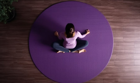 Yoga at home active lifestyle woman exercise mat in living room for morning meditation yoga banner background.の素材