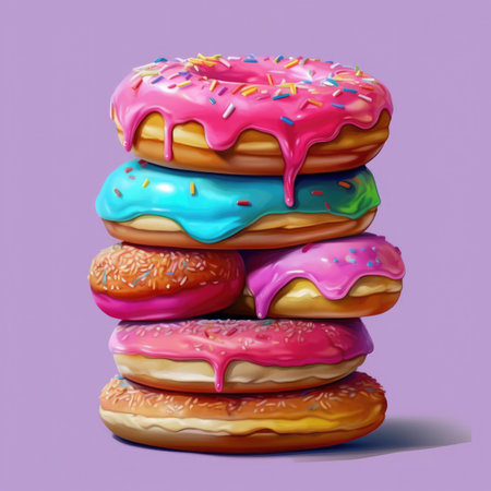 Stack of assorted donuts on black and blue cement background. Blue glazed doughnut with sprinkles on foregroundの素材