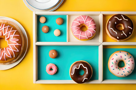 doughnuts scene - mix of multicolored sweet donuts with sprinkel on blue background. Generated by AIの素材