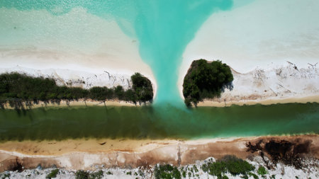 High-Altitude Capture Displaying Waterway Intersections and Colorful Sediment Patterns Across a Disturbed and Evolving Landscape in Estoniaの写真素材