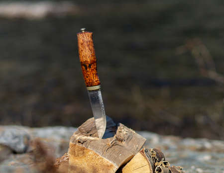 Knife stand in fire wood with sunlight and lake as backgroundの写真素材