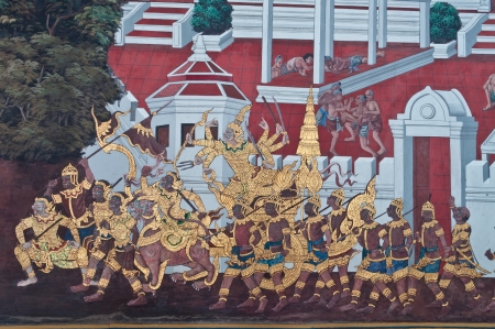 Thai mural art , Wall in  Phra Kaew temple in Bangkok Thailand, Public Art Paintingのeditorial素材