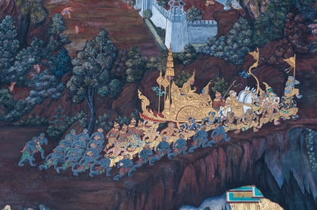 Thai mural art , Wall in  Phra Kaew temple in Bangkok Thailand, Public Art Paintingのeditorial素材