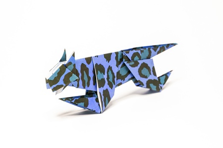 Paper tiger Blue paper on a white background, Paper craft and origami.の写真素材