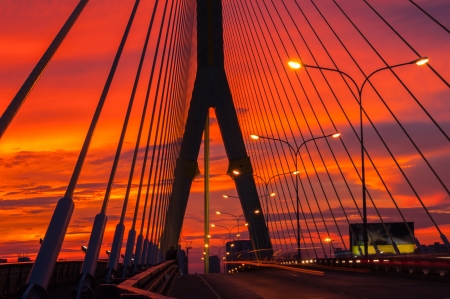 Bridge across the Chao Phraya River, Bangkok, Thailand. sunset.の写真素材
