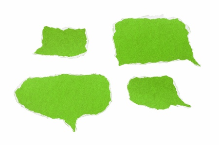 Ripped paper speech bubbles stick on white backgroundの写真素材