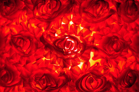 Fabric roses with red lights in the rear for background.の写真素材