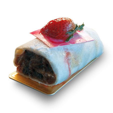 Chocolate strawberry roll the on white backgroundの写真素材