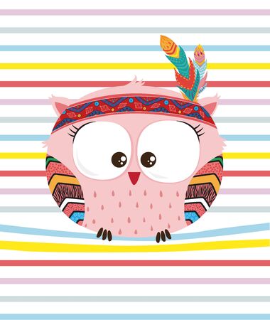 Cute indian hand drawn owl character on colorful stripes.Collection of owl. Vector illustrationのイラスト素材