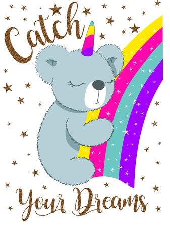 Cute magical koala and rainbow clipart. Vector design isolated on white background. Print for t-shirt or sticker. Romantic hand drawing illustration for children.のイラスト素材
