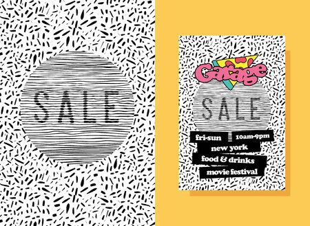 Garage sale poster template design. Pop-art shapes Sale design background. Minimal backdrop event flyer. Original promotion ad poster.のイラスト素材