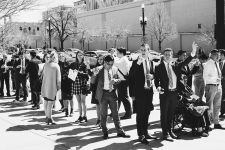 Unspecified Mormon Crowd Awaits Tickets for General Conference in Salt Lake City, Utah