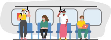 People who stand inside the tram, subway, keeping the distance in time for coronavirus. People in masks.のイラスト素材