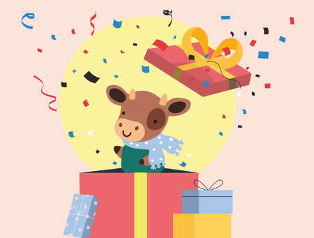 Cute bull symbol of the year jumps out of the gift boxのイラスト素材