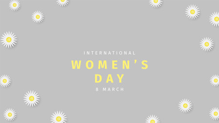 International women's day banner. White daisy flowers on gray background