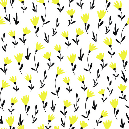 Seamless pattern of small yellow flowers on white background. Floral printのイラスト素材