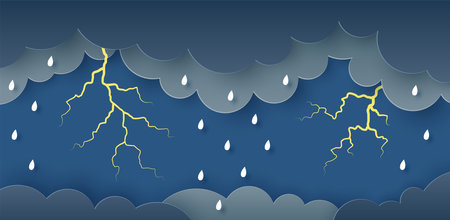 Vector illustration of thunderstorm. Clouds, rain and lightning. Paper cut style.のイラスト素材