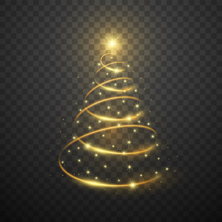 Golden christmas tree on dark transparent backgroundのイラスト素材