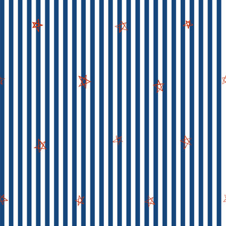 Red stars on blue striped background. Vector seamless patternのイラスト素材