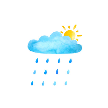 Watercolor sun, clouds and rain isolated on white background. Vector illustration.のイラスト素材