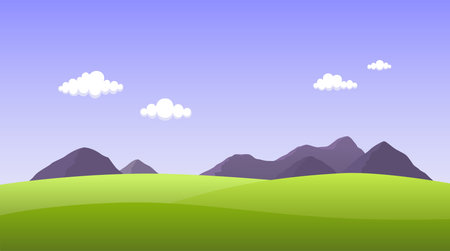 Summer landscape. Green meadows and mountains. Vector illustration.のイラスト素材
