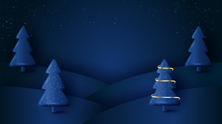 winter landscape. Hills and firs decorated with gold ribbon and gold sequins.のイラスト素材