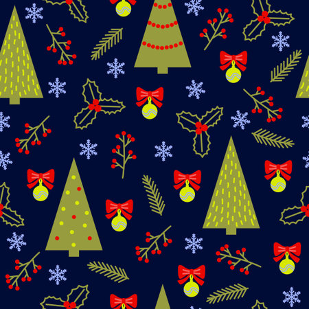 Christmas seamless pattern. Christmas tree, ilex, fir branch, ball and snowflake on navy backgroundのイラスト素材