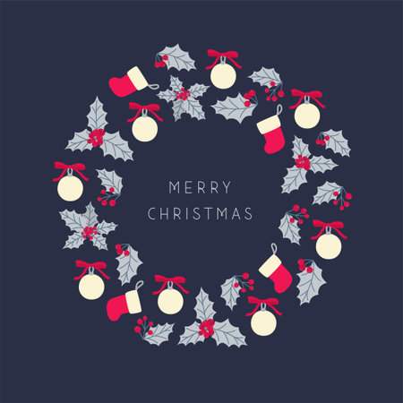 Christmas wreath made of christmas decoration and berries. editable strokeのイラスト素材