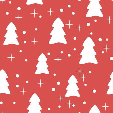 Red christmas seamless pattern with firs. vector backgroundのイラスト素材