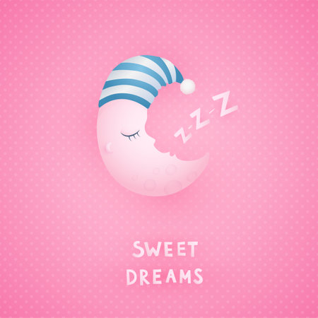 sweet dream poster. Sleeping moon in cap on polka dot backgroundのイラスト素材