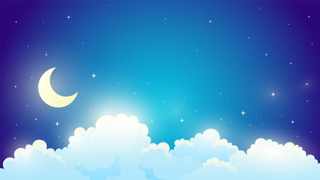 night sky scenery. Moon, clouds and stars. cartoon styleのイラスト素材