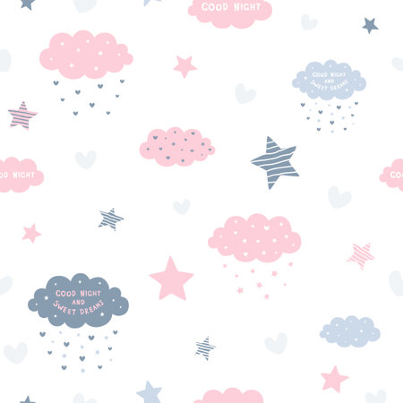 Sweet dream seamless pattern. Clouds and stars on white background. Nursery printのイラスト素材