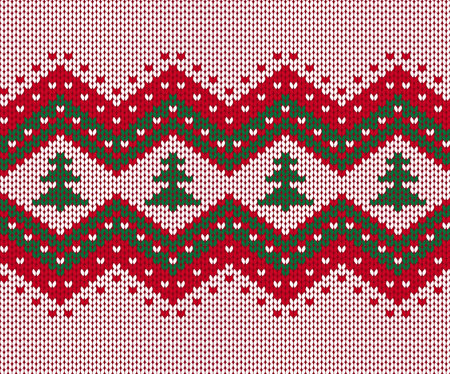 Knitted seamless border with green firs. Winter ornament for sweaterの写真素材