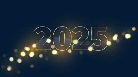 New year 2025 background. Gold digits and bokeh on dark blue backdrop
