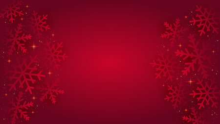 Red christmas background with snowflakes, shining stars and gold sequinsの写真素材